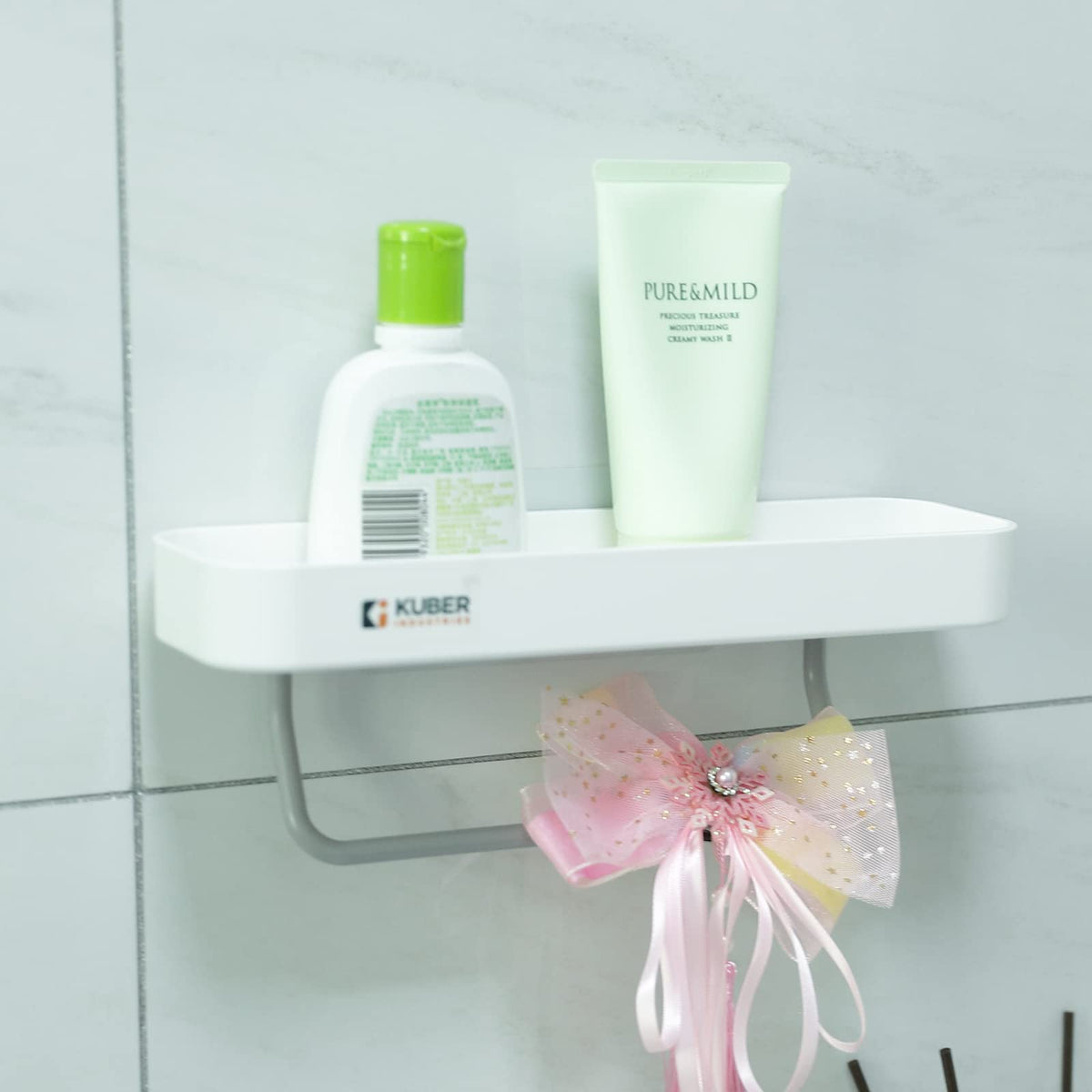 Kuber Industries Kitchen Organizer With Towel Hanger|Self-Adhesive Wall Shelf|Non-Toxic|Easy To Fit Plastic Bathroom Shelf|Multipurpose Wall Mounted Shelf For Bathroom & Kitchen|1323|White