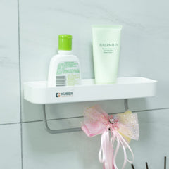 Kuber Industries Kitchen Organizer With Towel Hanger|Self-Adhesive Wall Shelf|Non-Toxic|Easy To Fit Plastic Bathroom Shelf|Multipurpose Wall Mounted Shelf For Bathroom & Kitchen|1323|White