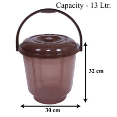 Kuber Industries Colorful Homeware Bucket| Plastic Bucket|Transparent Bucket with Lid & Handle for Bathroom,Home Use,13 Litre,Pack of 2 (Brown)