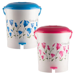 Heart Home Floral Printed Multiuses Plastic Pedal Dustbin, Waste Bin, Trash Can With Handle, 10 Litre- Pack of 2 (Pink & Blue)-47HH0767