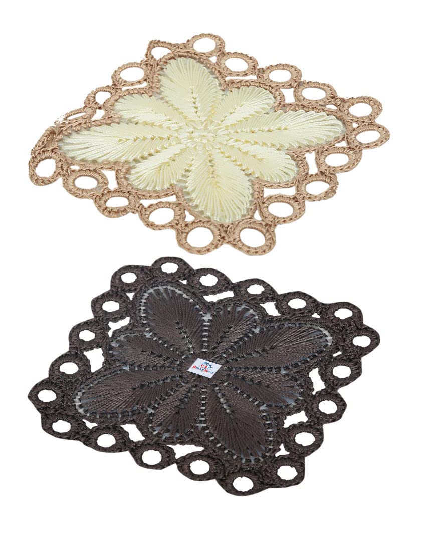 Heart Home Flower Design Handmade Square Cotton Coaster for Kinds of Mugs and Cups, Set of 2 (Brown & Cream)