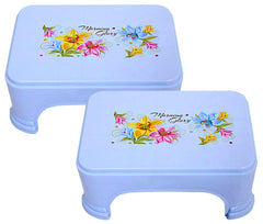 Kuber Industries Floral Print 2 Pieces Plastic Bathroom Stool, Adults Simple Style Stool Anti-Slip with Strong Bearing Stool for Home, Office, Kindergarten, Blue-KUBMART10859