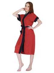 Kuber Industries Women Bathrobe, Micro Terry, Red with Navy Stripes, Free Size, Set of 1