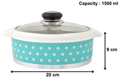 Heart Home Dot Printed BPA Free Food Grade Inner Stainless Steel Casserole Keeps Chapati, Food, Curry With Toughened Glass Lid, 1500ml- Pack of 2 (Green)-HS42KUBMART25004