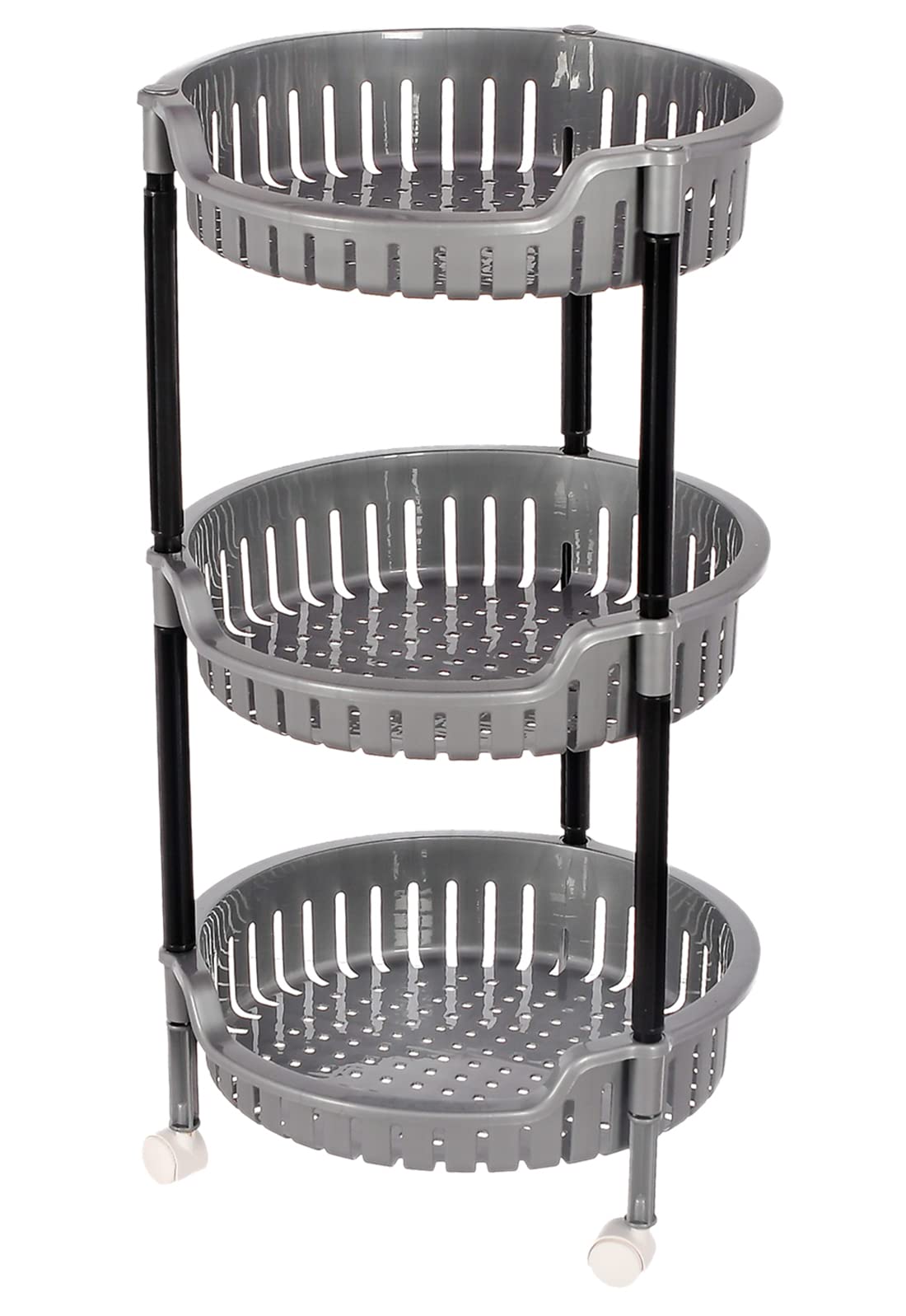 Heart Home Plastic 3-Tier Multi-Purpose Round Rolling Storage Cart Organizer Shelf Rack With Wheels (Grey) -46HH0557