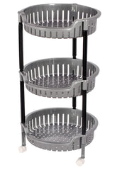 Heart Home Plastic 3-Tier Multi-Purpose Round Rolling Storage Cart Organizer Shelf Rack With Wheels (Grey) -46HH0557