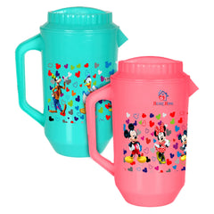Heart Home Multiuses Mickey & Friends Print Leak Proof Unbreakable Plastic Water Jug with Lid for Water, Juice, Milk 2 Liter Pack of 2 (Pink & Green)