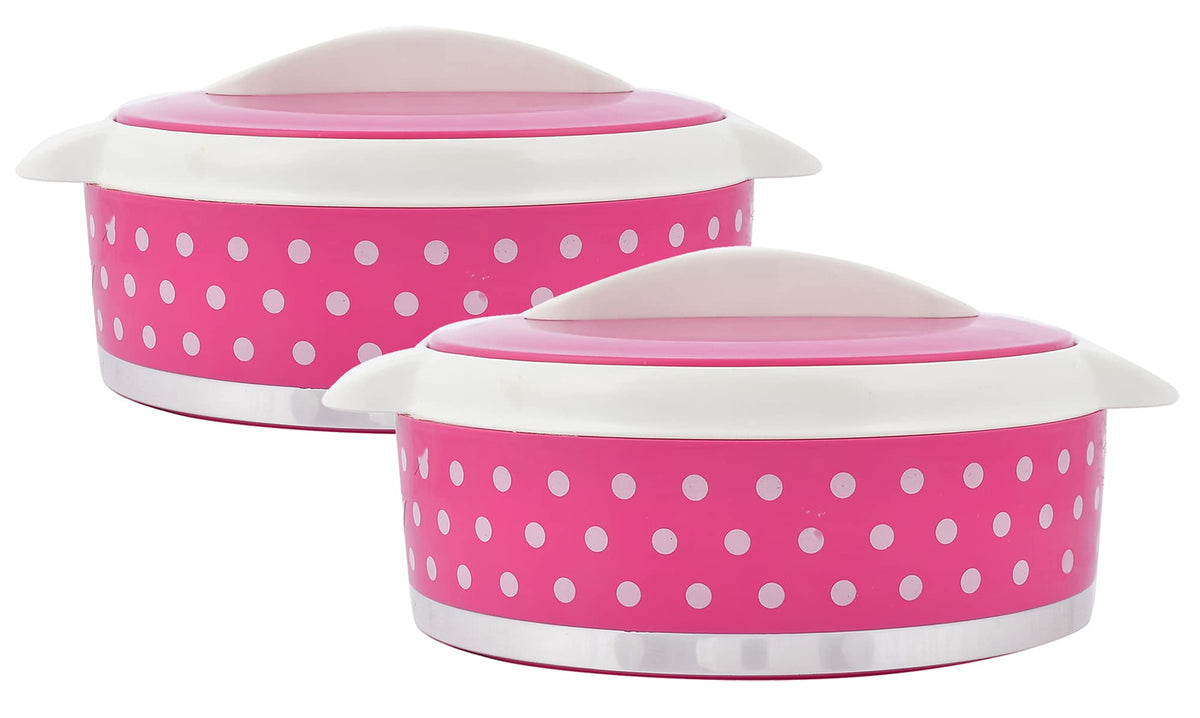 Kuber Industries Dot Printed Inner Steel Casserole With Lid, 1500ml- Pack of 2 (Pink)-HS42KUBMART25027