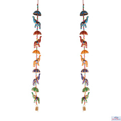 Heart Home Rajasthani Traditional Windchimes|5 Hanging Umbrella & Elephants|Polyester Handcrafted Latkan|Decorative Door Hanging Latkan|Pack of 2 (Multicolor)