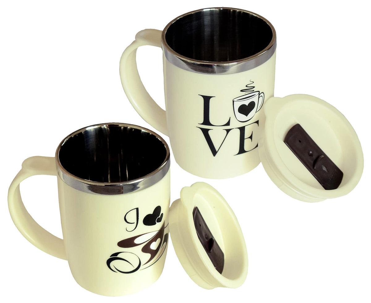 Kuber Industries Double Wall Vacuum Insulated Food Grade BPA Free Plastic Coffee Mug with Lid, Pack of 2 (Cream)