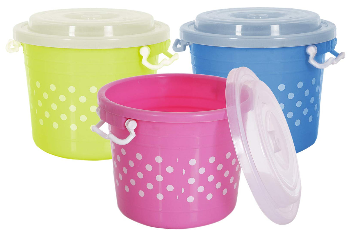 Heart Home Dots Design Virgin Plastic 3 Pieces Multipurpose Kitchen Storage Container with Side Lock-Handle,16 Ltrs (Blue, Pink & Green) - (CTHH016542)