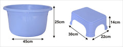 Kuber Industries 2 Pieces Plastic Bathroom Tub & Stool Set (Blue)