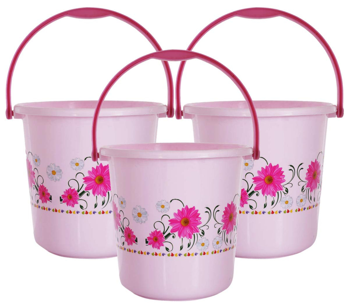 Kuber Industries Floral Design 3 Pieces Unbreakable Strong Plastic Bathroom Bucket 18 LTR (Pink) - CTKTC34696