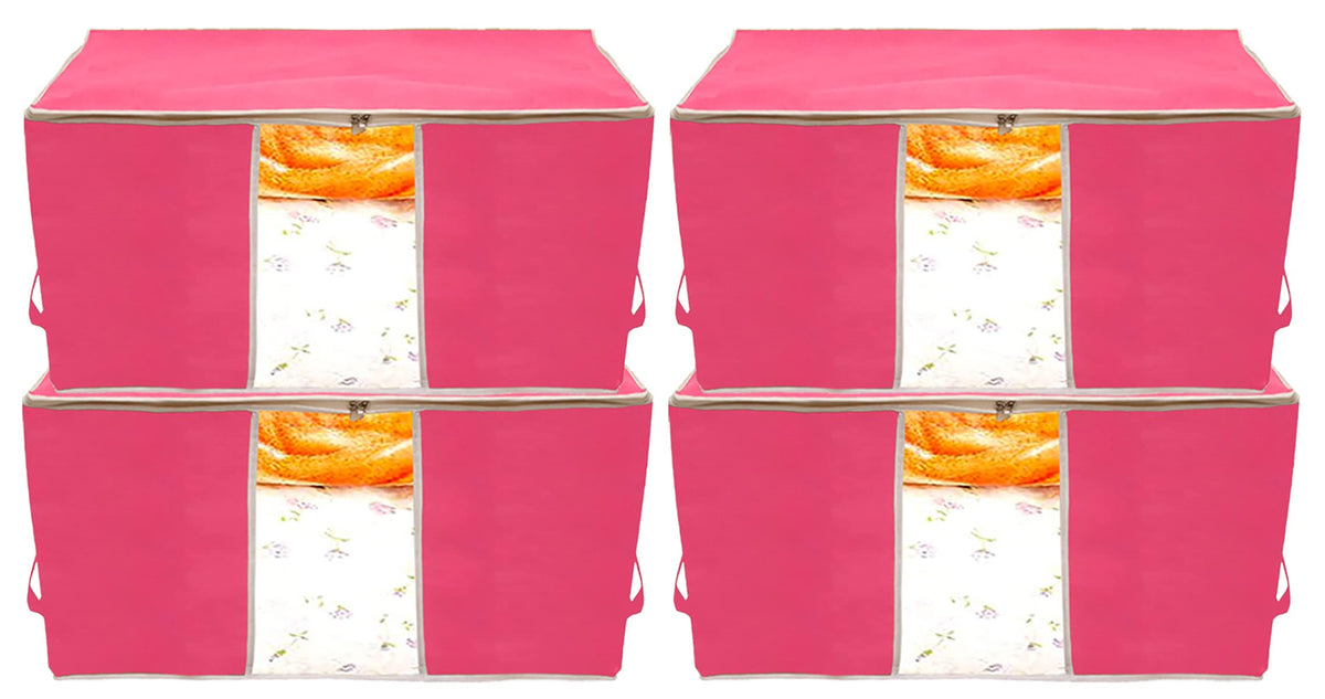 Heart Home Foldable Non Woven Clothes Storage Bag Wardrobe Organizer Underbed Bag With Tranasparent Window- Pack of 4 (Pink)-HS43HEARTH26733