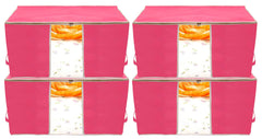 Heart Home Foldable Non Woven Clothes Storage Bag Wardrobe Organizer Underbed Bag With Tranasparent Window- Pack of 4 (Pink)-HS43HEARTH26733