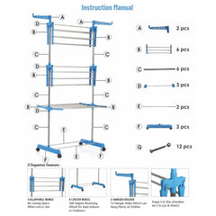 Heart Home Stainless Steel Foldable Rolling 3-Tier Clothes Dryer Rack For Home/Indoor/Outdoor/Balcony With Wheel (Blue)