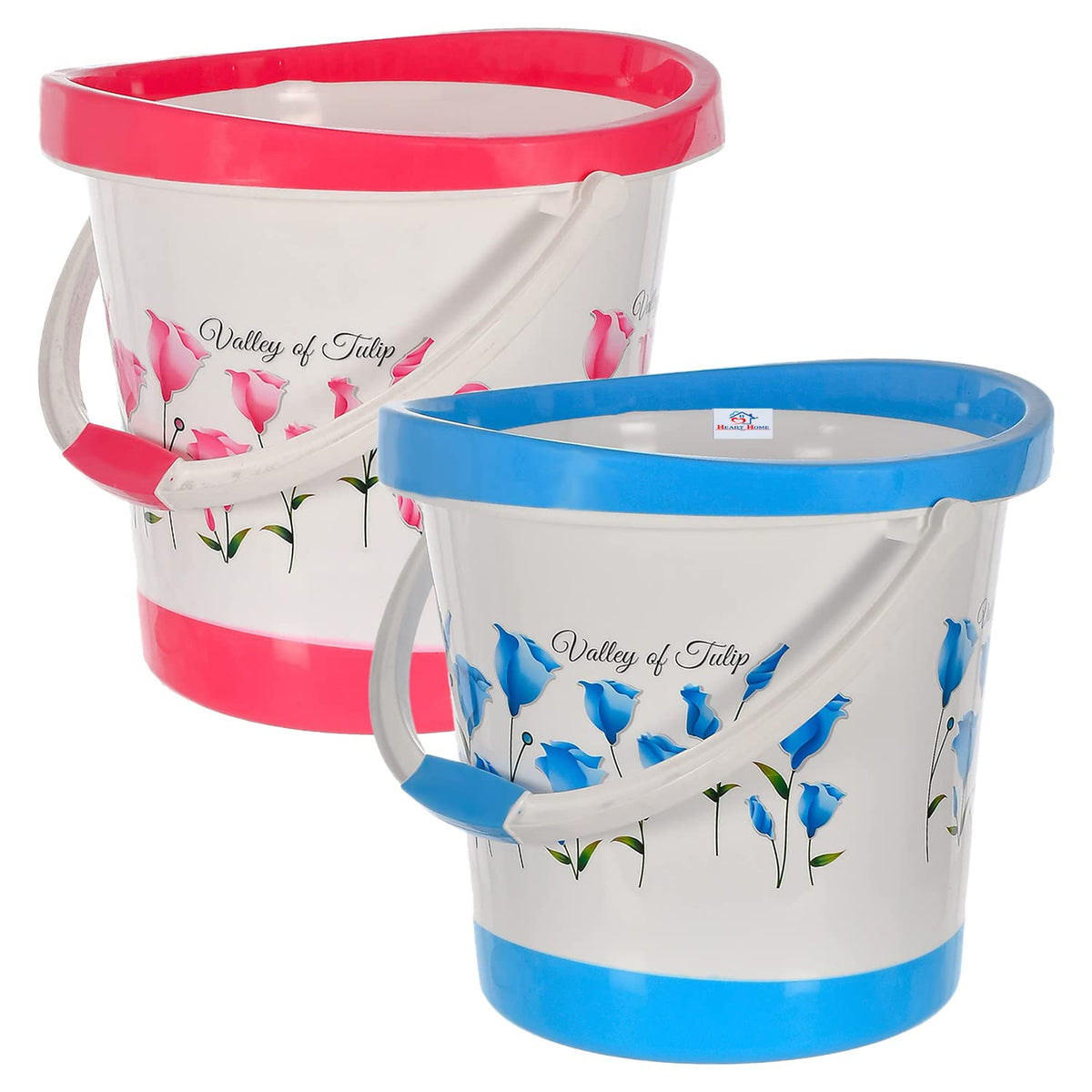 Heart Home Bucket|Plastic Bucket for Bathroom|Tulip Flower Bucket for Bathing|Unbreakable Bucket with Handle|18 Liter|Pack of 2 (Multicolor)