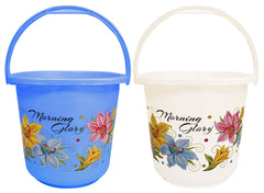 Kuber Industries Floral Print 2 Pieces Unbreakable Strong Plastic Bathroom Bucket 16 LTR (White & Blue) - CTKTC042857