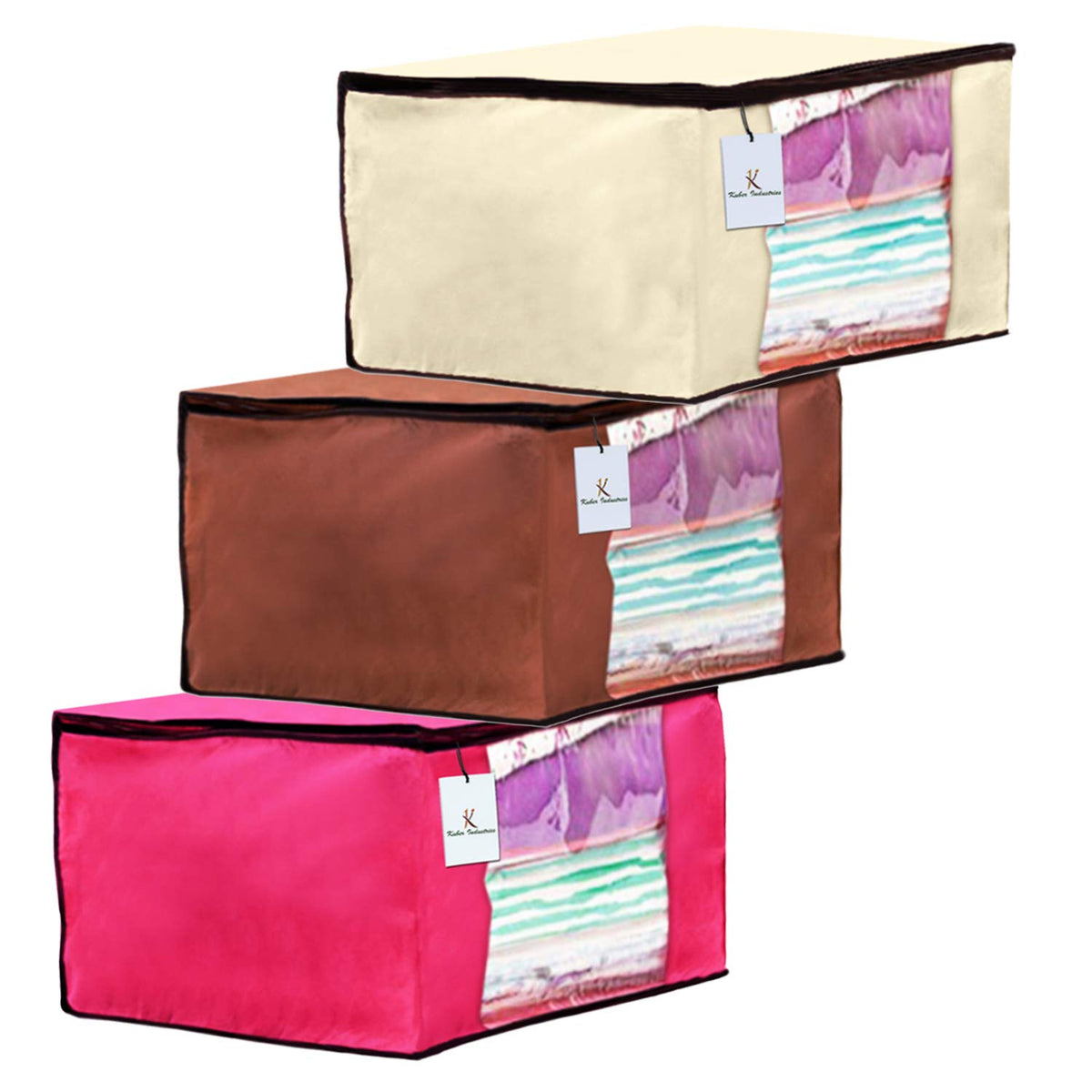 Kuber Industries 3 Piece Non Woven Fabric Saree Cover Set with Transparent Window, Extra Large, Ivory,Pink,Dark Brown-CTKTC23701