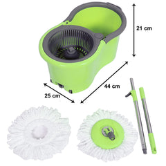 Kuber Industries Plastic Adjustable Mopping Set & 2 Microfiber Head Refill with Wheels Bucket and Auto Fold Handle for Floor Cleaning (Green)