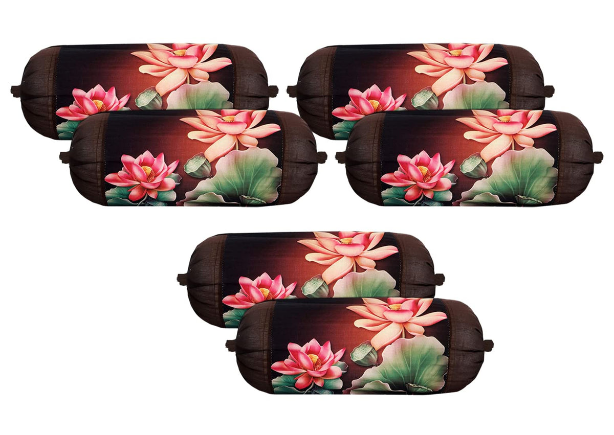 Kuber Industries Bolster Cover|Polyester Bolster Cover Set|Diwan Round Bolster Pillow Covers|Luxurious Lotus Print Roll Masand Cover|Pack of 6 (Brown)