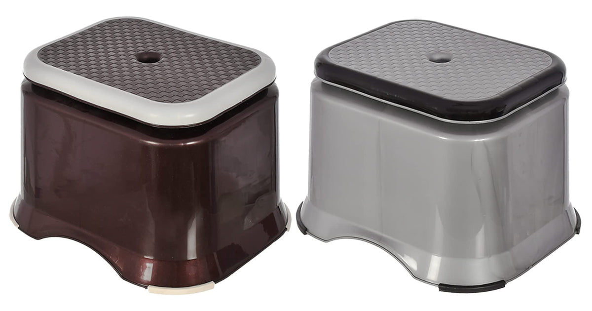 Heart Home Ultra 10 Anti-Slip Plastic Stool for Bathroom, Kitchen, Bedroom, Toy Room and Living Room- Pack of 2 (Brown & Grey)-46HH0150, Standard