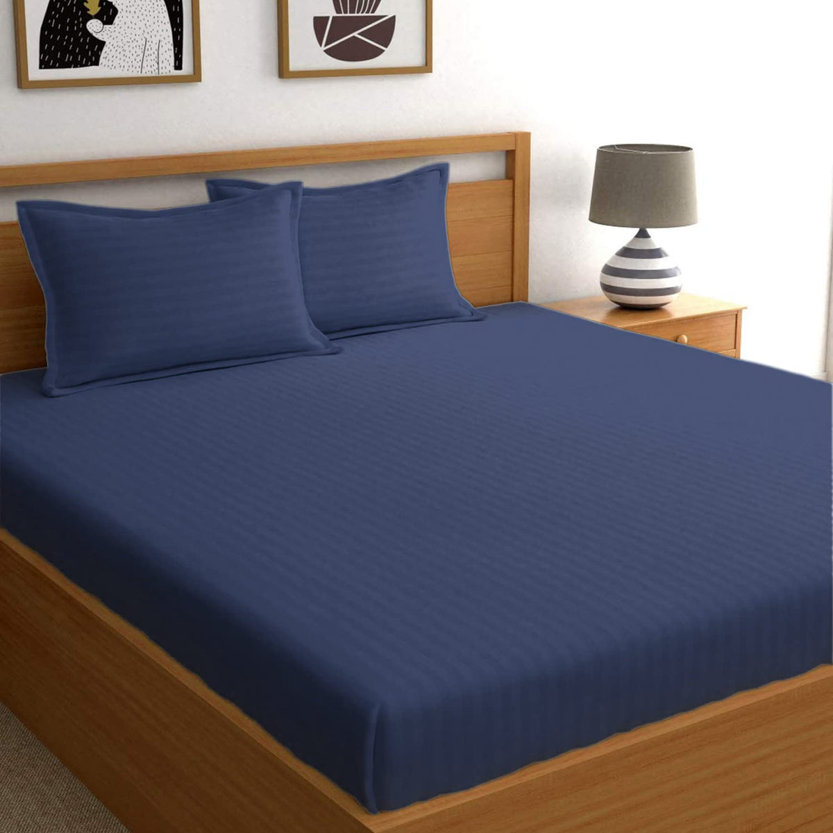 Kuber Industries Lining Design Cotton Double Bedsheet with 2 Pillow Covers, 90"x100" (Blue)-50KM01937