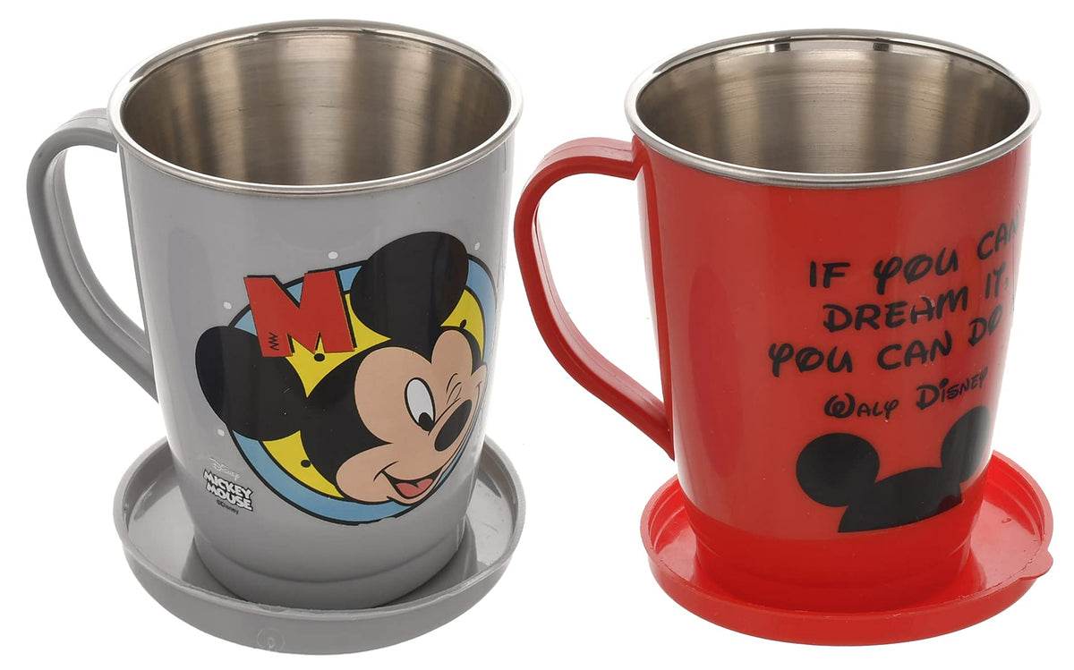 Kuber Industries Disney Printed Food Grade BPA Free Tea/Coffee Mug for Coffee Tea Cocoa, Camping Mugs with Lid, Pack of 2 (Light Grey & Red), Standard