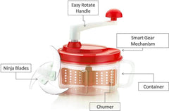 Heart Home Plastic ChopNchurn/ 2 in 1 Vegetable and Fruit Chopper with Beating Blade,Churner,Grater, Slicer /Lassi Maker,Red-HEARTK10205