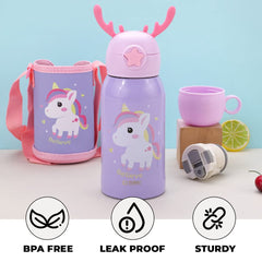 Heart Home Water Bottle for Kids|Unicorn Design Stainless Steel Flask with Straw, Cup & Fabric Cover|Sipper Bottle for Kids|Food Grade Plastic Lid|Broad Fabric Strap|Leak Proof, BPA Free|500 ml