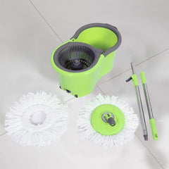 Kuber Industries Plastic Adjustable Mopping Set & 2 Microfiber Head Refill with Wheels Bucket and Auto Fold Handle for Floor Cleaning (Green)