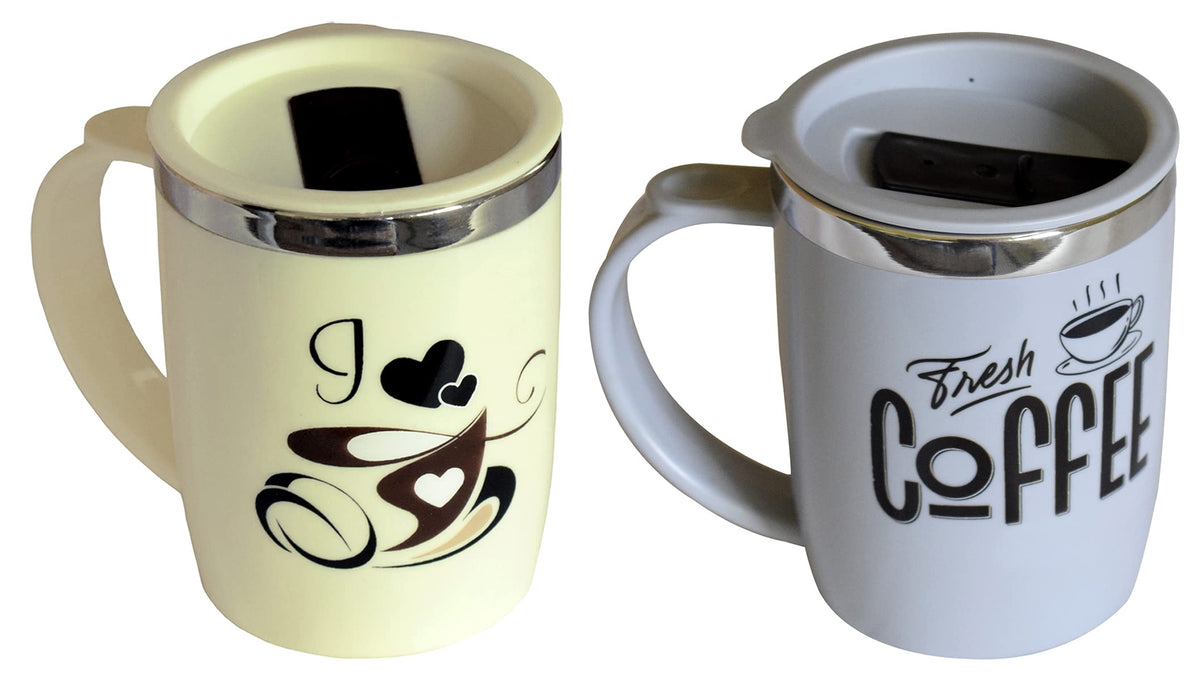 Kuber Industries Insulated BPA Free Plastic Coffee Mug with Lid, Pack of 2 (Grey & Cream)