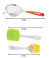 Kuber Industries Kitchen Combo Big Spatula and Oil Brush Set with Stainless Steel Soup, Juice Strainer (Silver), Standard