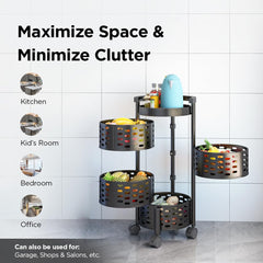 Kuber Industries 4-Layer Storage Trolley With 360 Rotation For Bathroom, Bedroom (Black)