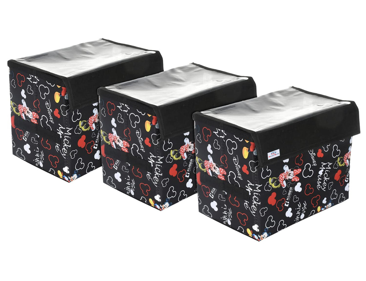 Heart Home Disney Minnie Storage Box|Non-Woven Foldable Large Storage Organizer for Toys|Cloths with Transparent Lid & Handle|Pack of 3 (Black)
