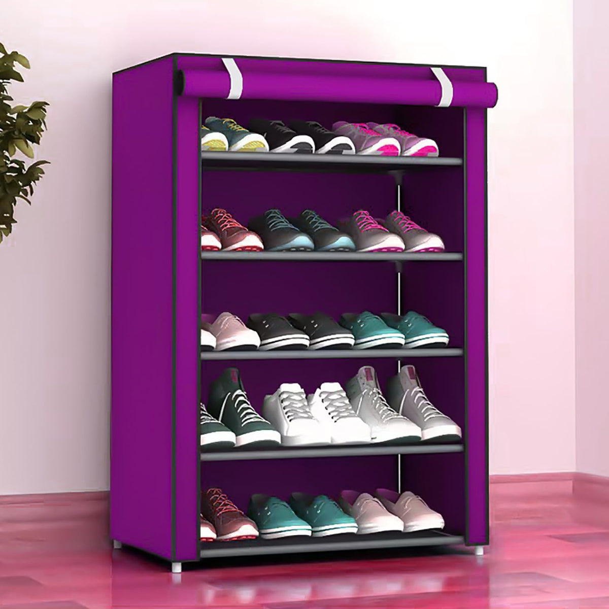 Homestic Shoe Rack|Non-Woven 5 Shelves Shelf|Foldable Storage Rack Organizer for Shoe, Books (Purple)
