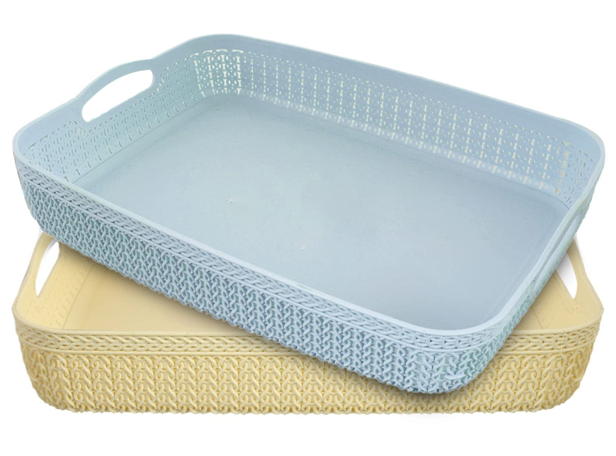 Heart Home Q-4 Designer Plastic Storage Basket For Store Fruits, Vegetables, Magazines, Cosmetics, Stationary Pack of 2 (Blue & White)-50HH01596