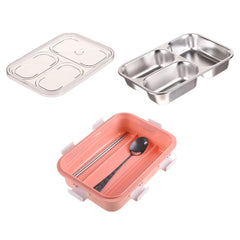 Kuber Industries Lunch Box | Stainless Steel 3 Compartments Lunch Box | Students Lunch Box | Office Lunch Box | Chopstick & Spoon | Leak-Proof Lunch Box | SUS304 | Pink