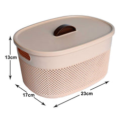 Heart Home Unbreakable Medium Multipurpose Storage Baskets with lid|Design-Netted|Material-Plastic|Shape-Oval|Color-Beige|Pack of 2