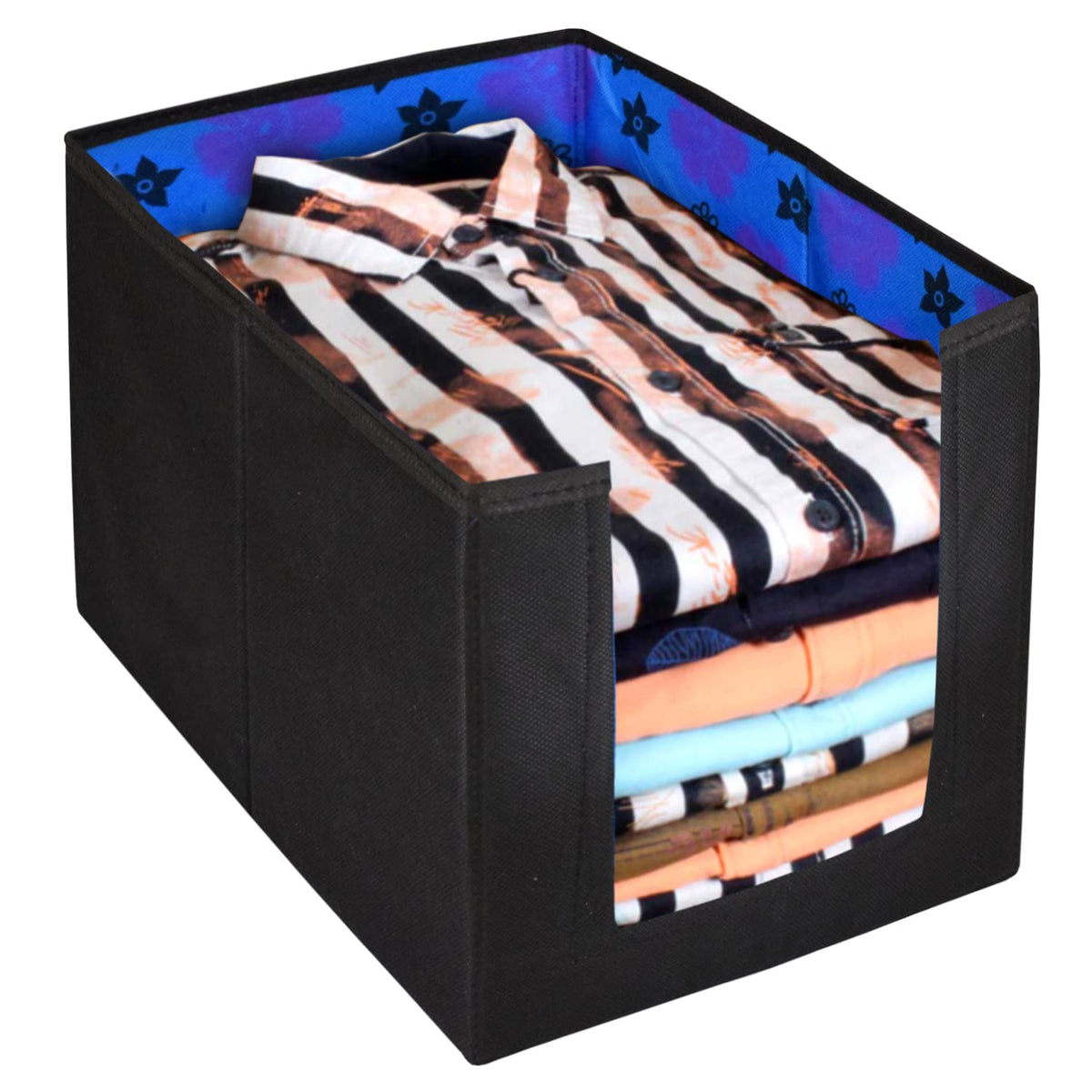 Kuber Industries Flower Printed Non-Woven Foldable Shirt Stacker Closet Organizer With Handles (Black & Blue)-HS43KUBMART26516