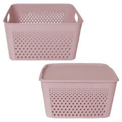 Heart Home Netted Design Unbreakable Multipurpose Square Shape Plastic Storage Baskets with lid Large (Grey)