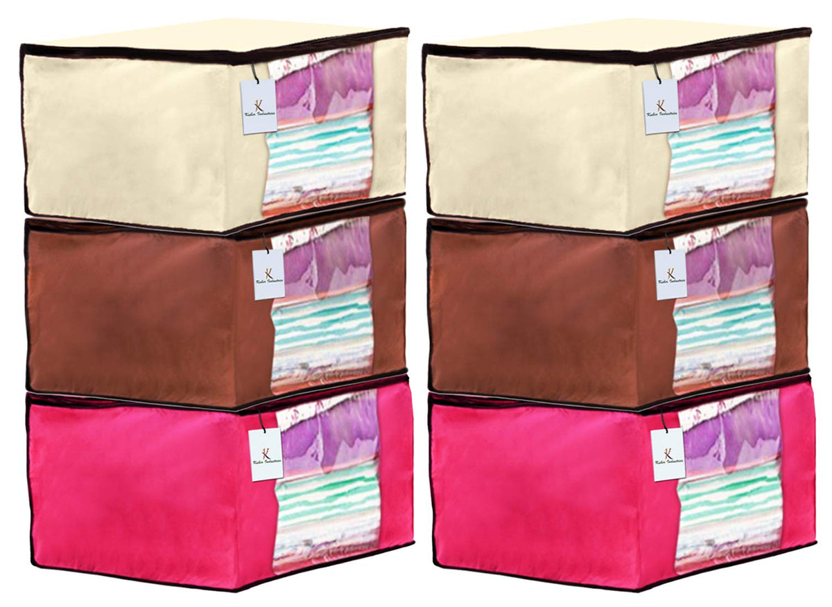 Kuber Industries 6 Piece Non Woven Fabric Saree Cover Set with Transparent Window, Extra Large, Ivory,Pink,Dark Brown-CTKTC23751