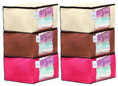 Kuber Industries 6 Piece Non Woven Fabric Saree Cover Set with Transparent Window, Extra Large, Ivory,Pink,Dark Brown-CTKTC23751