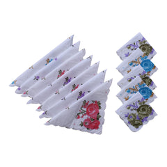 Kuber Industries Handkerchiefs|Multicolor Rose Print Cutwork Soft Cotton Hankies for Woman,Girls & Wicking Sweat from Hands,Face,Set of 12 (White)