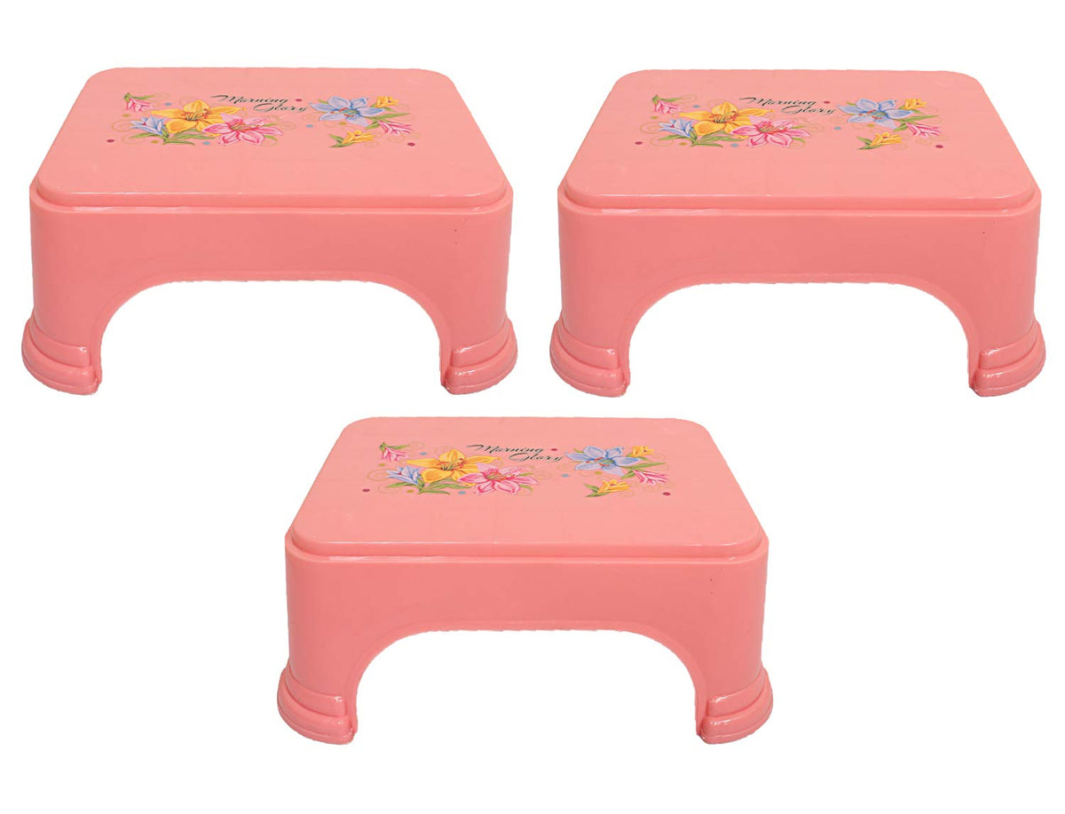 Kuber Industries Floral 3 Piece Plastic Bathroom Stool Set, Pink