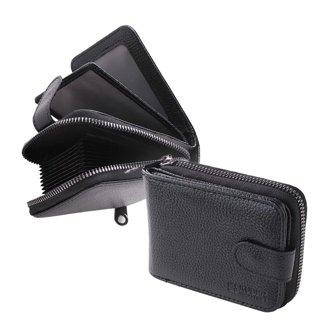 Kuber Industries Wallet for Women/Men | Card Holder for Men & Women | Leather Wallet for ID, Visiting Card, Business Card, ATM Card Holder | Slim Wallet | Zipper Closure, Black