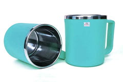 Heart Home Medium Size Plastic Steel Cups for Coffee Tea Cocoa, Camping Mugs with Handle, Portable & Easy Clean, Set of 2 (Green & Red)