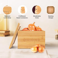 Homestic Storage Box | Kitchen Stoarge Organizer | Vegetable Basket for Kitchen | Fruit Containers With Bambo Lid | 3 Different Containers | FM001NR | Set of 3 | Brown