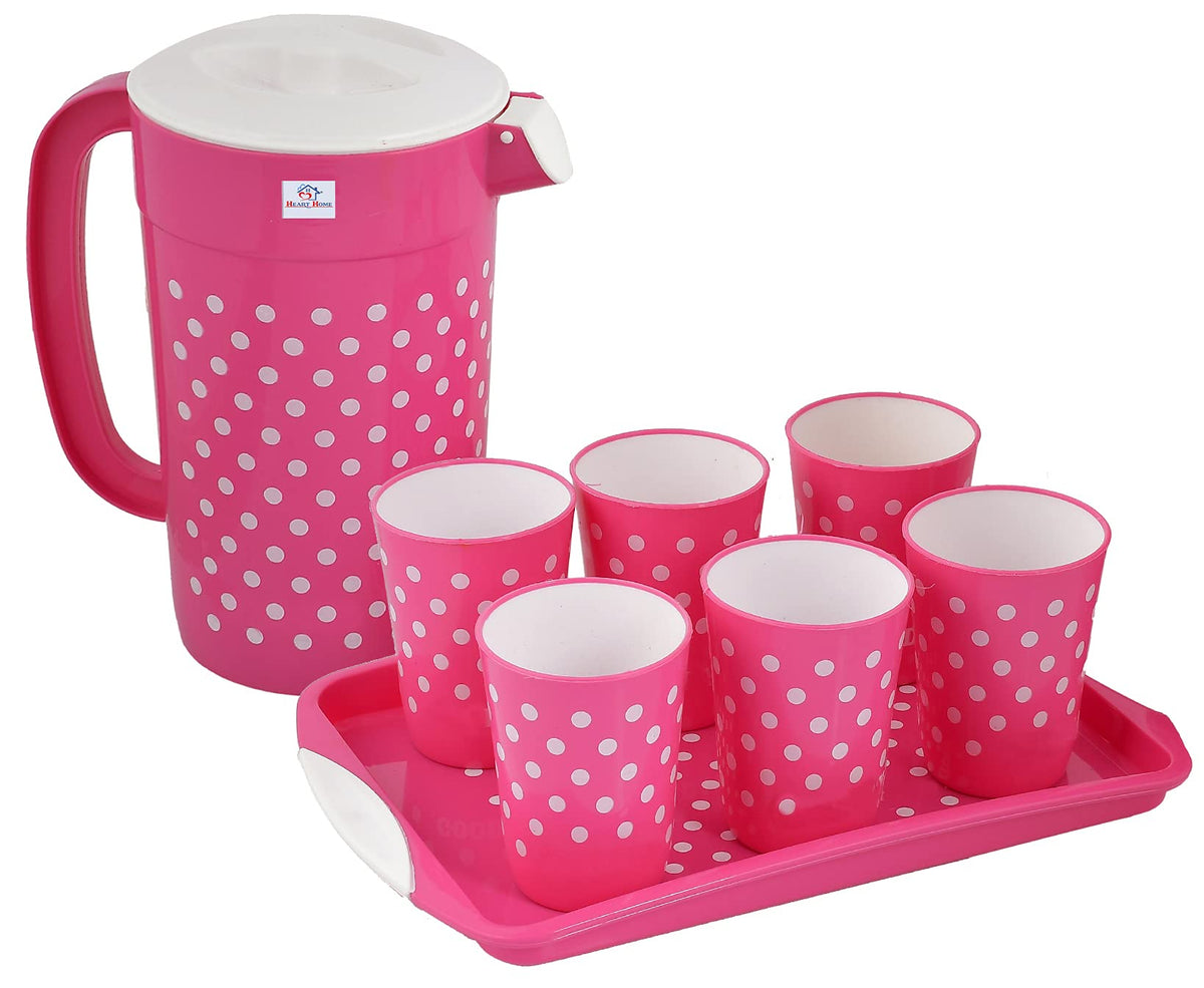 Heart Home Dot Printed Plastic 6 Tumblers with Jug & Tray Set, Set of 8 (Green)-HS42HEARTH25100
