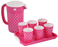 Heart Home Dot Printed Plastic 6 Tumblers with Jug & Tray Set, Set of 8 (Green)-HS42HEARTH25100